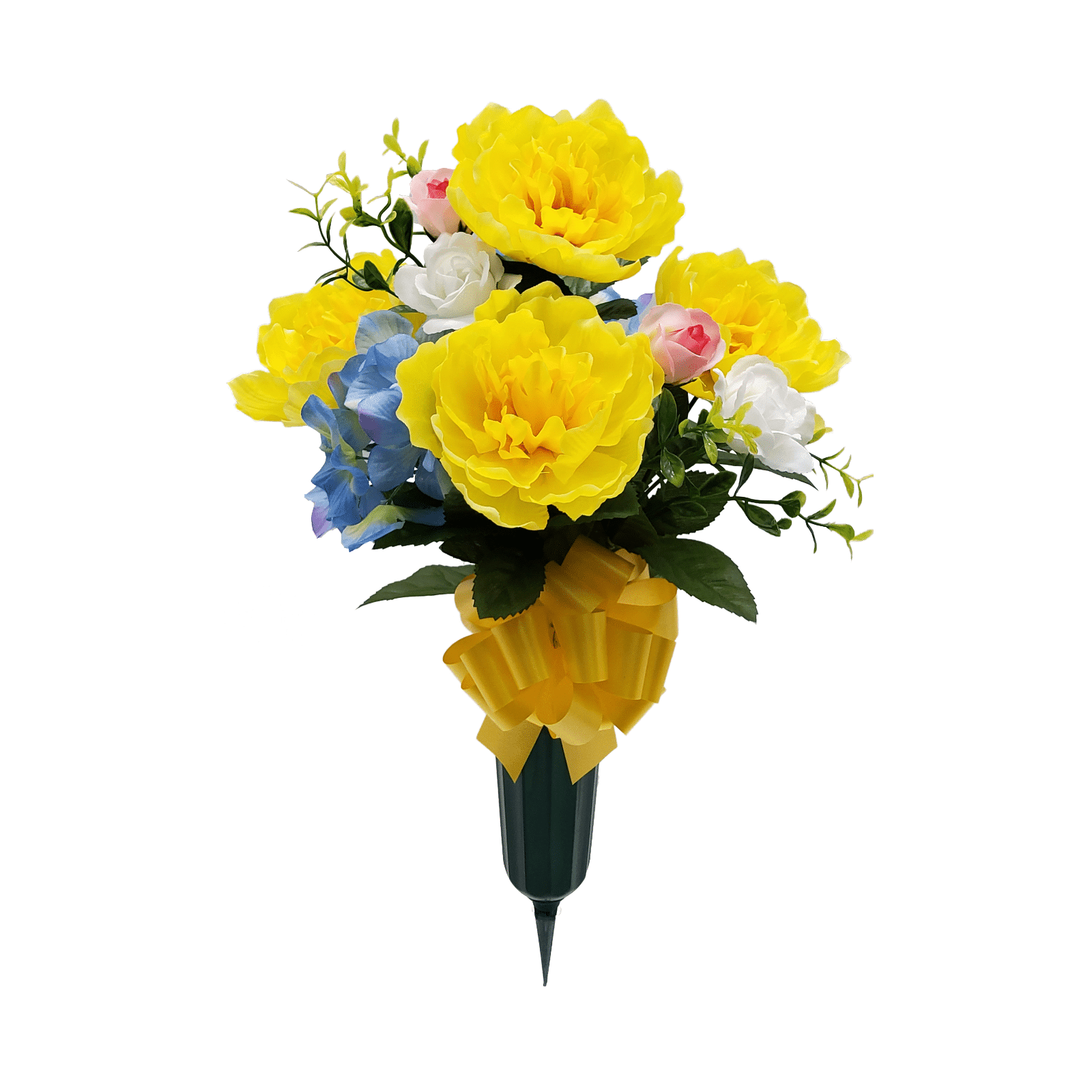 Mainstays 20 Artificial Flower, Peony and Hydrangea, Cemetery Vase, Yellow and Blue Color.