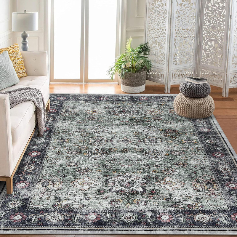 Vintage Living Room Large Area Rug 10x13 Soft Washable Oriental Traditional Distressed Rugs Indoor Floor Carpet for Home Office Green