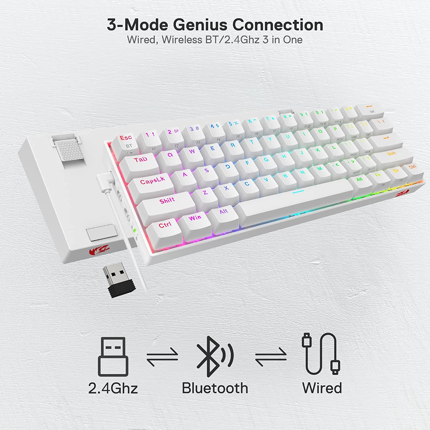 Redragon K530 Pro Draconic 60% Wireless RGB Mechanical Keyboard, BT/2.4Ghz/Wired 3-Mode 61 Keys Compact Gaming Keyboard w/Hot-Swap Socket, Free-Mod Plate Mounted PCB & Clicky Blue Switch