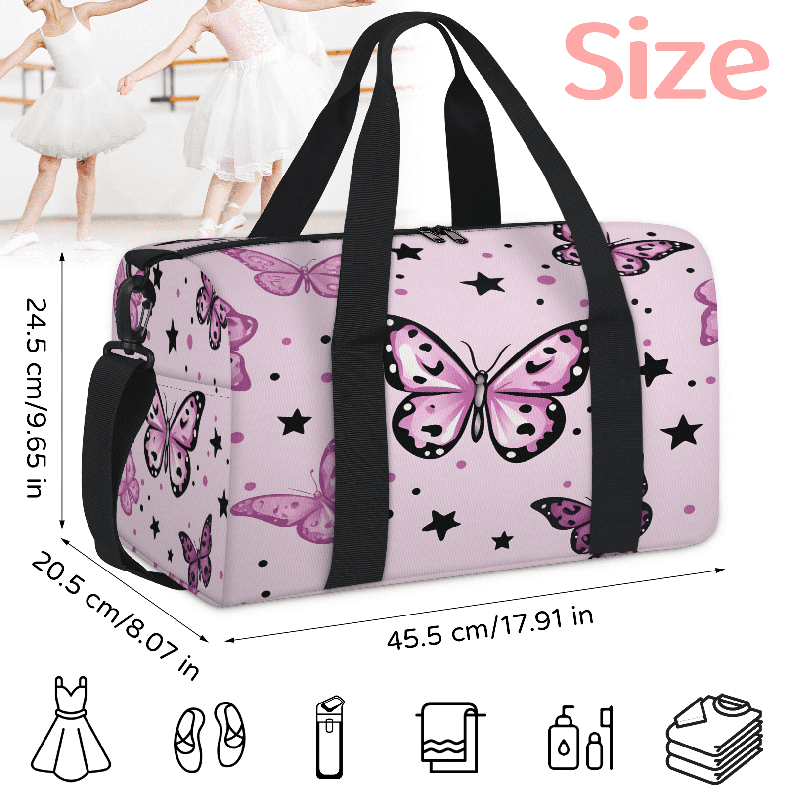 Herdesigns Butterfly Travel Duffle Bag Sports Yoga Weekender Overnight Carry on Workout Bags Lightweight Waterproof Gym Tote Bag for Women Pink