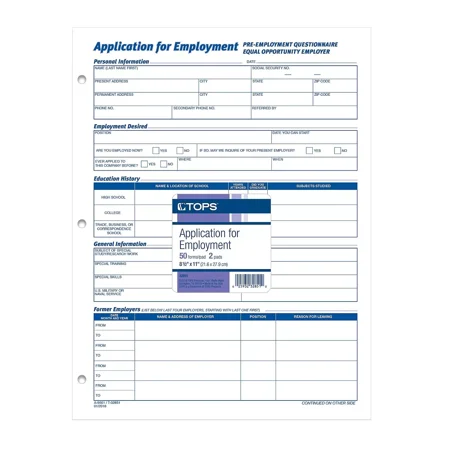 TOPS Employee Application Form 8 3/8 x 11 50/Pad 2/Pack 32851