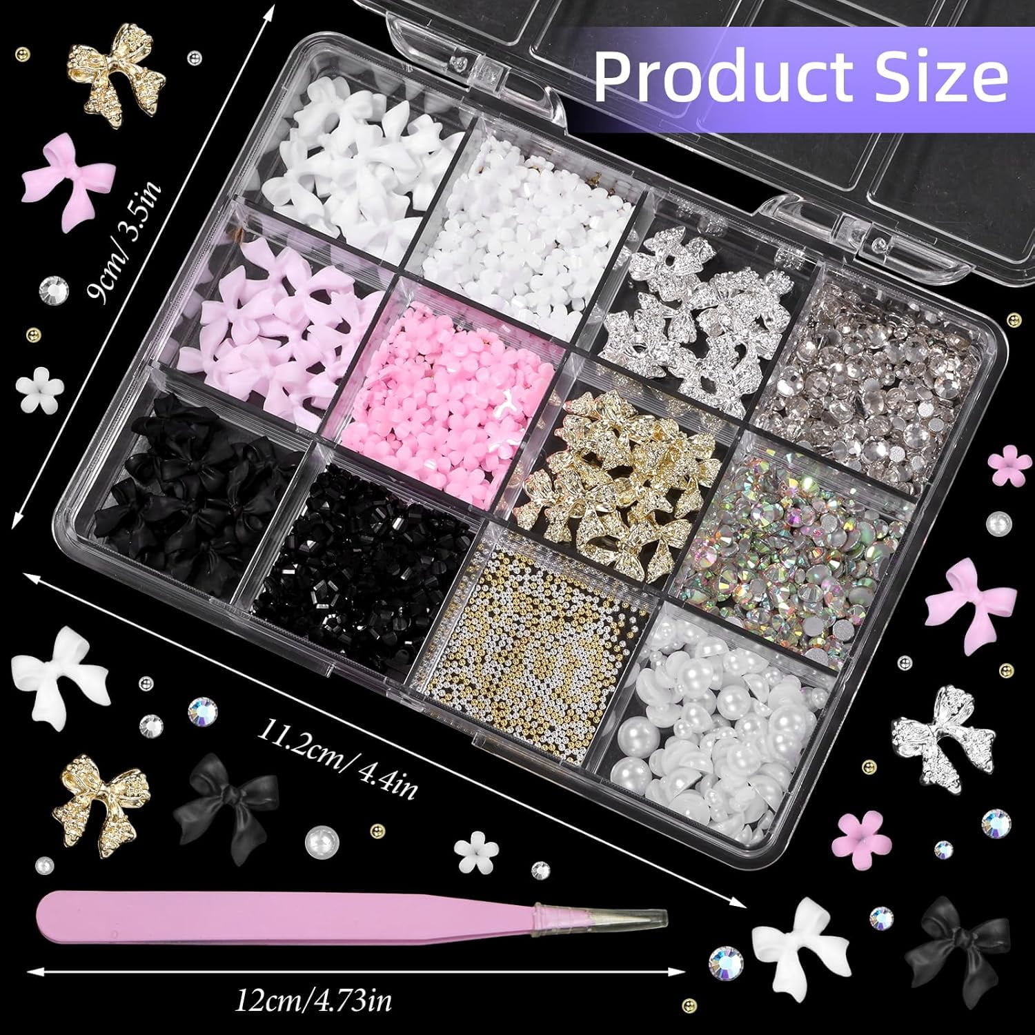 3D Bow Nail Charms and Gems, Pink Black Bows Flower Nail Art Charms Alloy Bows for Nails, Mixed Nail Gems Rhinestones Bowknots Caviar Beads Charms for Nails DIY Nail Art Accessories