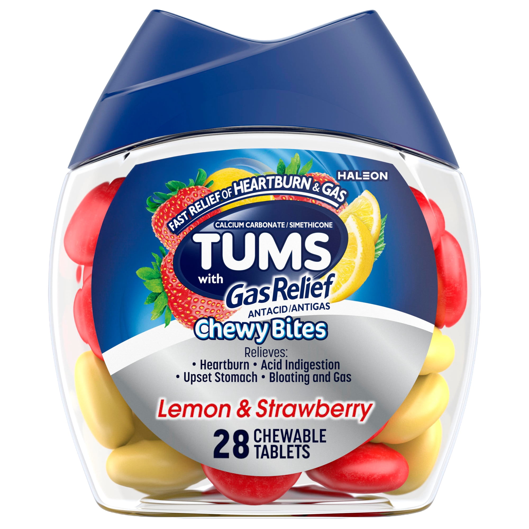 Tums Chewy Bites Chewable Antacid Tablets With Gas Relief, Lemon/Strawberry, 28 Count