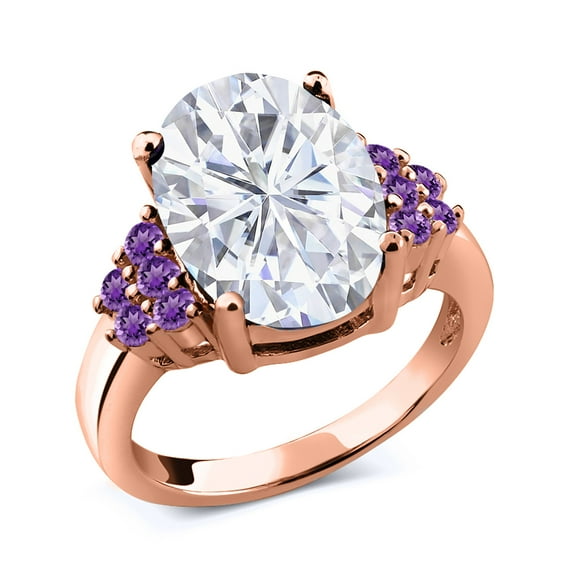 Gem Stone King 18K Rose Gold Plated Silver Purple Amethyst Ring Set with Moissanite (5.39 Cttw) (Size 9)