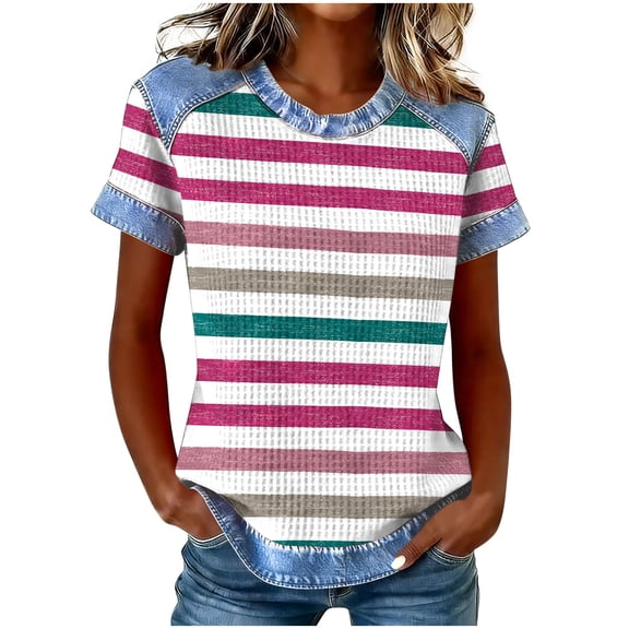 Fewfanhot Women's Vintage Tees Striped Print Shirt Denim Short Sleeve T Shirts Summer Fashion Tops, S-3XL