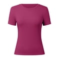 thumbnail image 3 of DuoJiaJ Women Short Sleeve Tops Crewneck Rib Knit Slim Fit Shirts Basic Tee 2025 Summer Casual T Shirt Trendy Clothes Off-Shoulder Blouses Pink M, 3 of 4