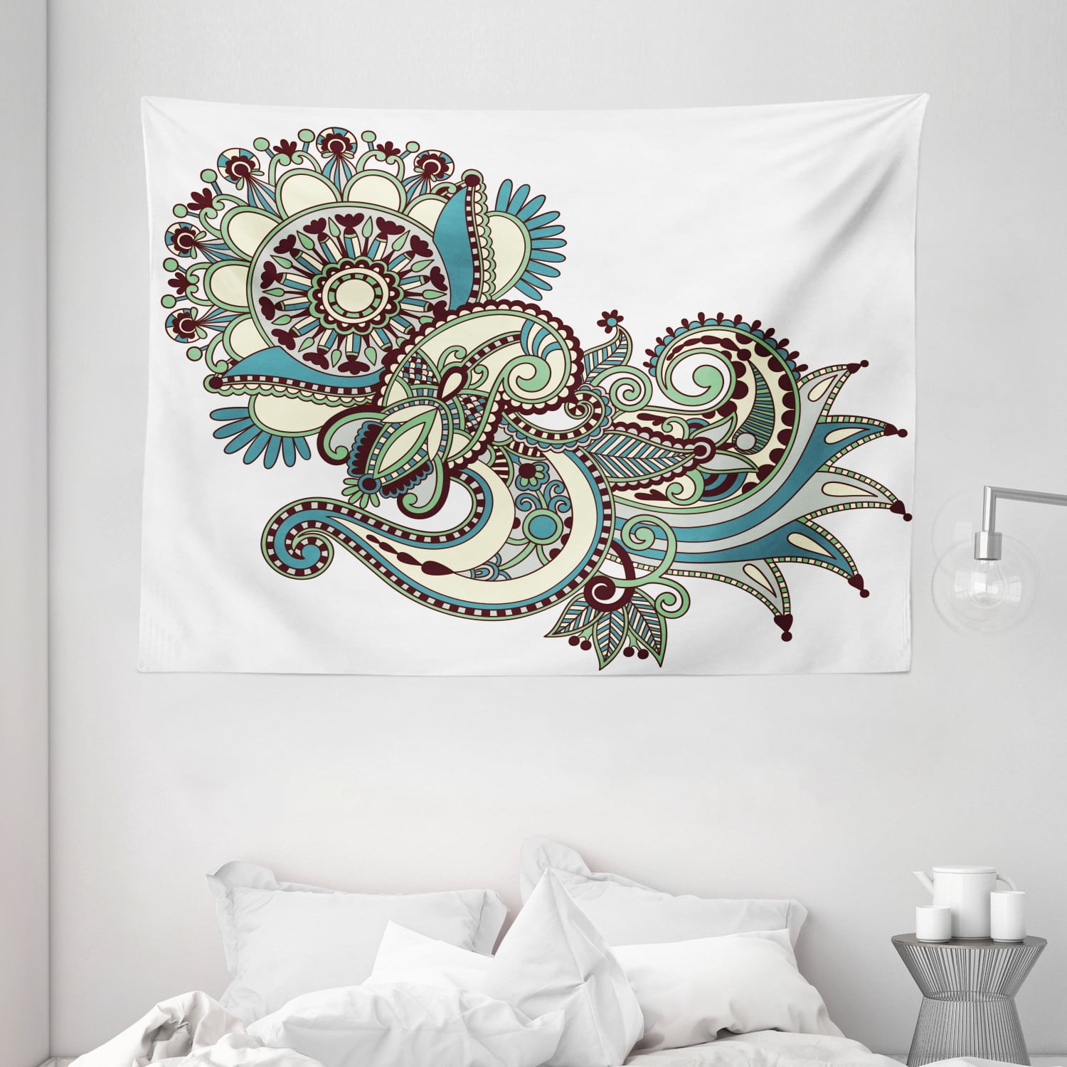 Henna Tapestry, Hand Drawn Traditional Flower Arrangement Ornate Design