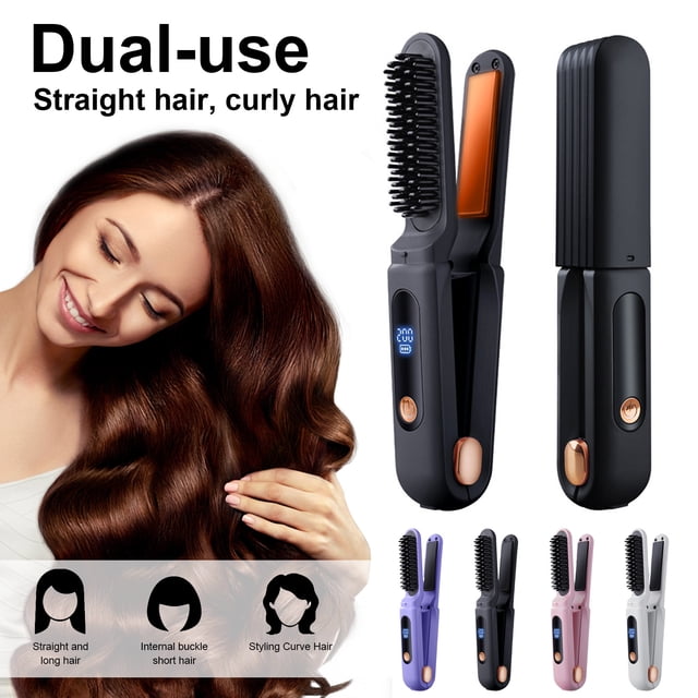 Portable Cordless Hair Straightener Brush 3 Temp Adjustable Fast Heating USB Rechargeable Negative Ions Hot Brush Electric Curly Hair Styling Detangling Comb