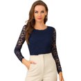 thumbnail image 1 of INSPIRE CHIC Blouse en Dentelle Transparente à Broderie Florale pour Femme, Col Rond, Manches Longues, Bleu Marine, P, 1 of 5