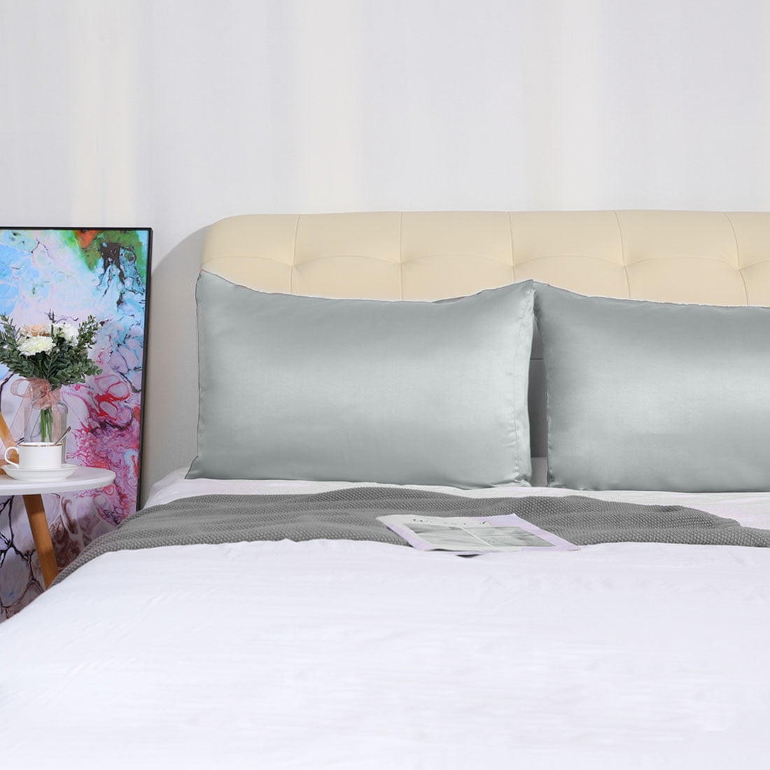 Unique Bargains Silky Satin Pillow Cases Covers Set of 2 Light Gray Standard