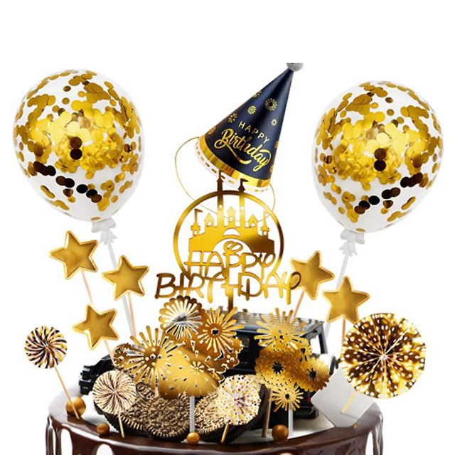 7 piezas de decoración para tarta de feliz cumpleaños, decoración para tarta, decoración de feliz cumpleaños, decoración para tarta, globo de confeti, decoración de estrellas (dorado)