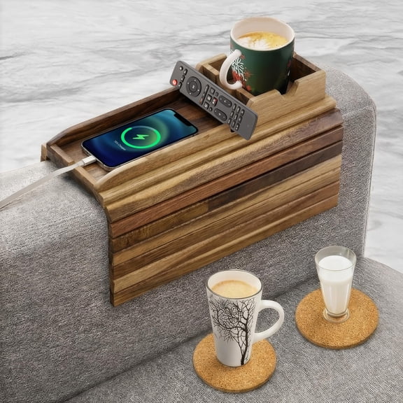 Acacia Wood TV Tray Couch Armrest Table with 2 Cork Coasters