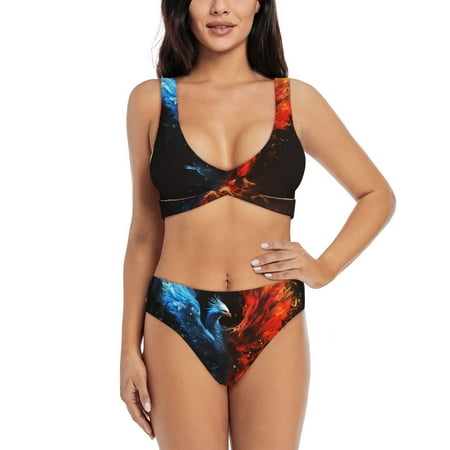 Zeuib Red And Blue Fire Bird High Waisted Tummy Control Bikini Set - Knot Front Push Up Top & Cheeky Thong Bottom  Two-Piece Swimsuit for Women-Medium