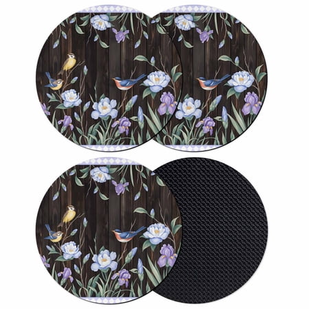 Spring Flowers Coasters Set of 4 Absorbent Coasters for Drinks Blue Floral Leaves Birds Country Farm Wood Grain Coaster for Desk Coffee Table Protection Home Decor House Warming Gifts 4