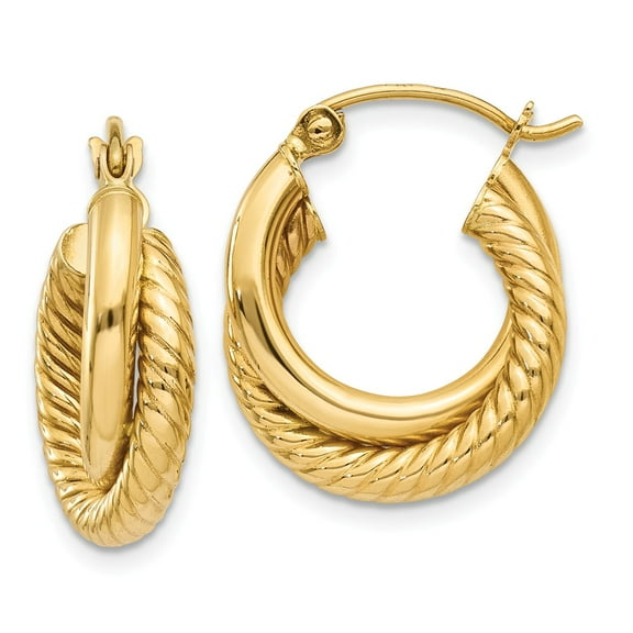 14K Yellow Gold Earring Hoop Women'S 12 mm 5 Polished & Twisted Double Earrings
