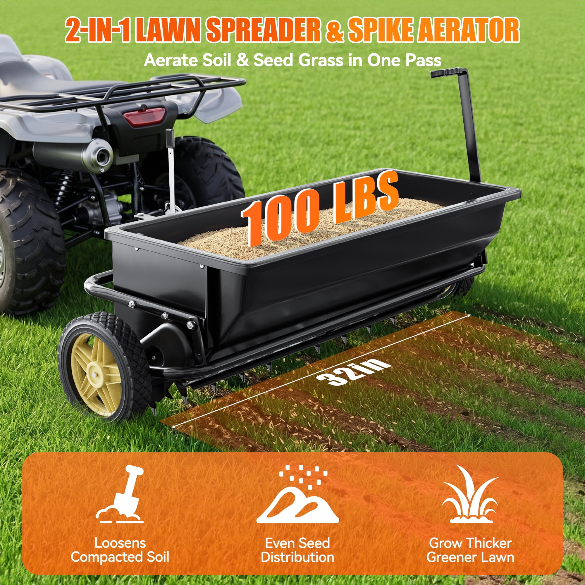 2-in-1 32" Tow Behind Lawn Spreader & Spike Aerator, 100 lbs Broadcast Seeder with 72 Aeration Tines, Universal Hitch for ATV, UTV & Garden Tractors