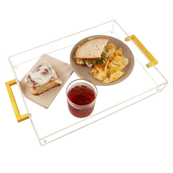 Acrylic Serving Tray with Gold Handles, 16" x 12" Decorative Tray for Coffee Table, Spill-Proof Food and Drink Server. Multipurpose for Ottoman, Kitchen, Vanity, Countertop, Party Use (Clear)