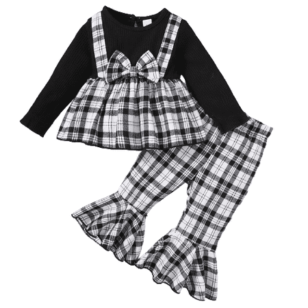 

Mikrdoo Baby Girls Clothes Long Sleeve Plaid Tops Bell-bottomed Pants Black 2Pcs Winter Outfits 2-3Years