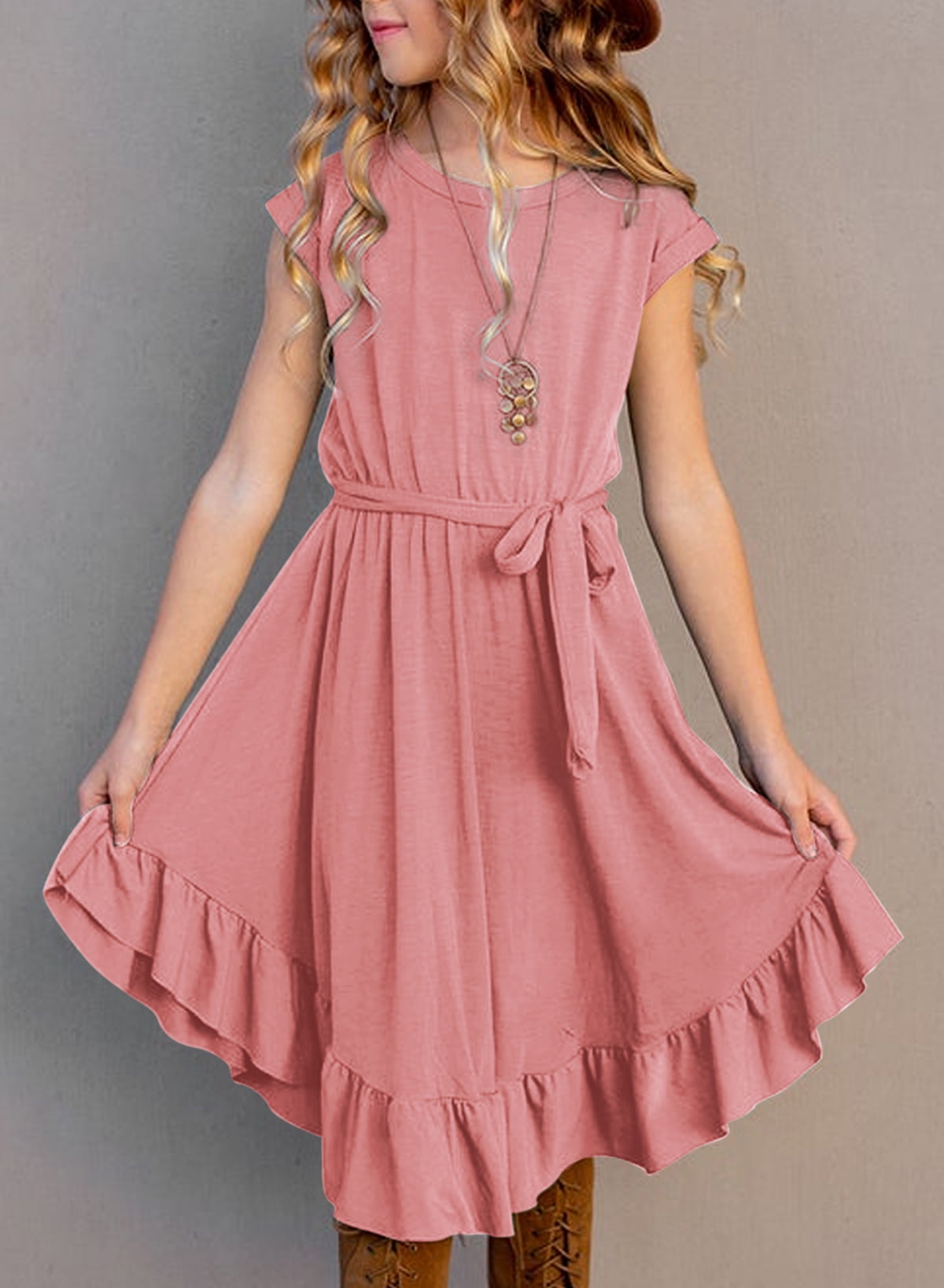 ONLYSHE Girls Casual Dress Summer Round Neck Short Sleeve Ruffle Hem