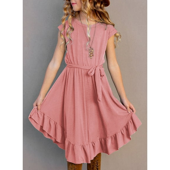 ONLYSHE Girls Casual Dress Summer Round Neck Short Sleeve Ruffle Hem Flowy Swing Mini Dresses 4-12 Years
