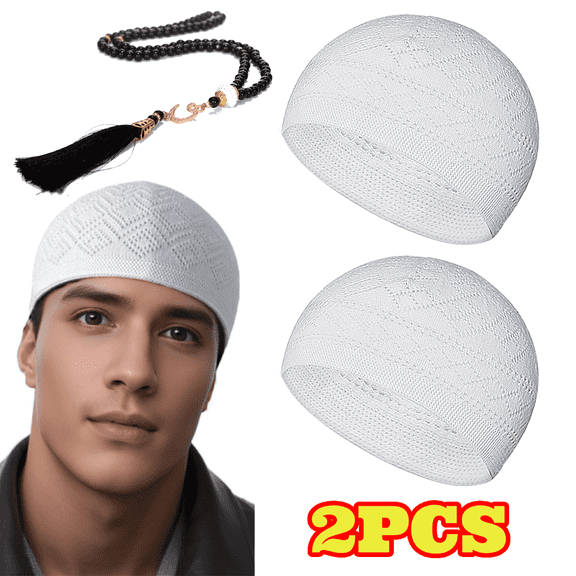 2pcs White Kufi Hats for Men, Handicraft Taqiyah Prayer Cap with Muslim Tasbih 99 Beads, Prayer Beads