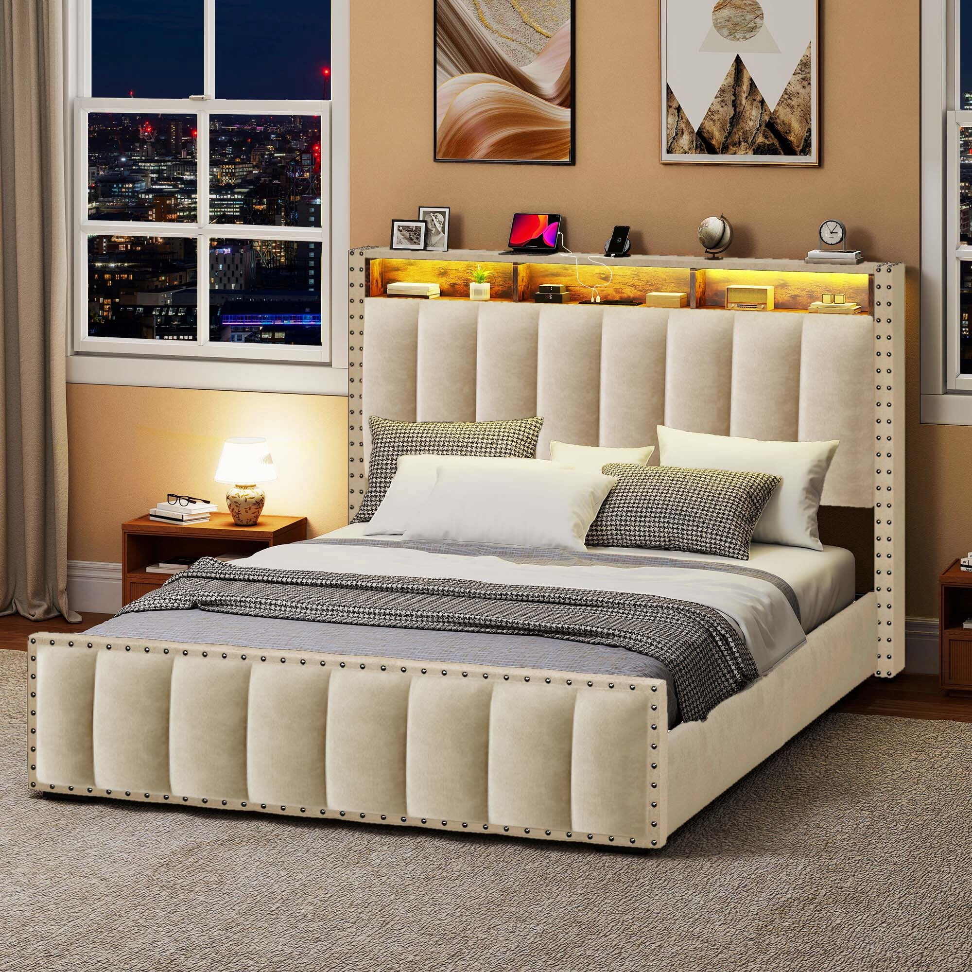 Uforic Full Size LED Velvet Upholstered Platform Bed, Storage Bed Frame with 4 Storage Drawers and Charging Station, Beige