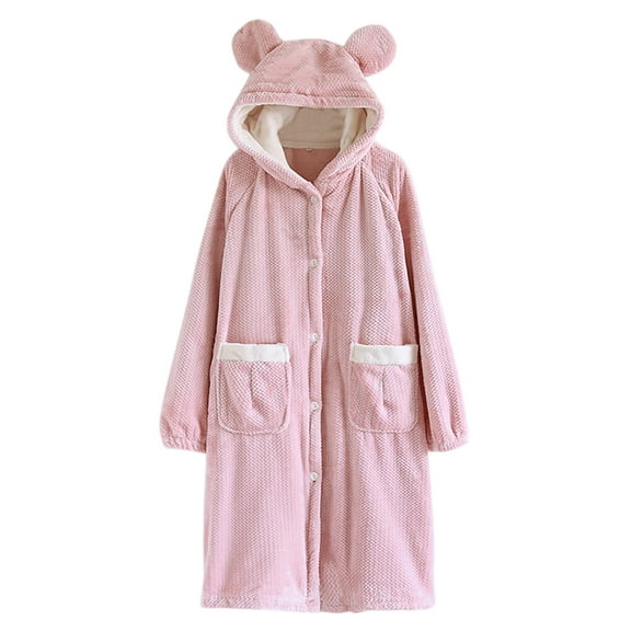 SHTXOZHI Women's Long Hooded Housecoat Button Down Fuzzy Cute Bathrobes Cozy Nightgown with Pockets