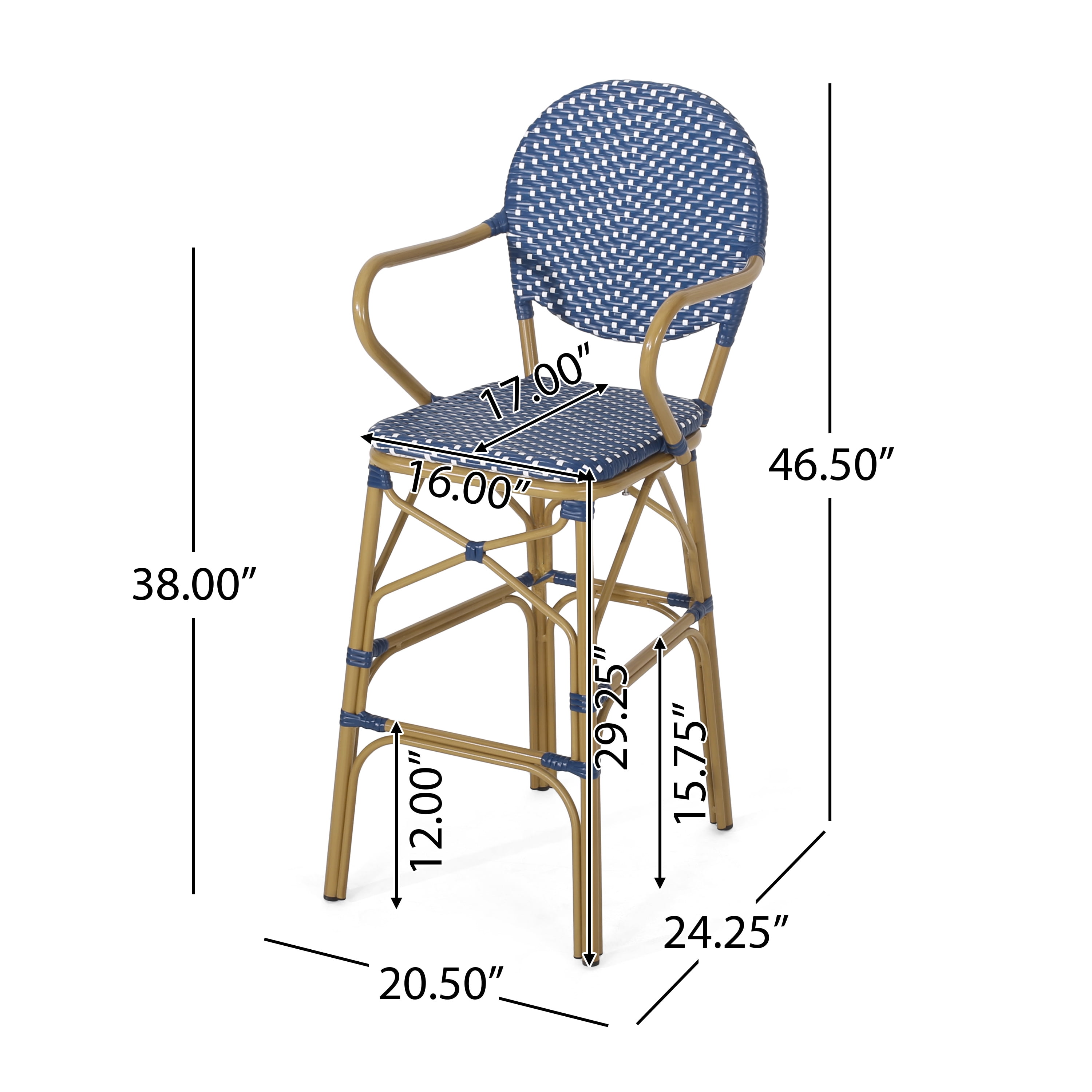 Outdoor Height Bar Stool Set of 2 29.5 Inch, Wicker and Aluminum Combined Frame for Patio Bar, Navy Blue and Bamboo