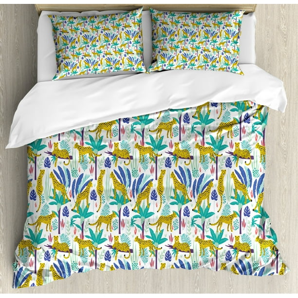 Jungle Duvet Cover Set Queen Size, Colorful Continuous Pattern with Leopards and Tropical Leaves