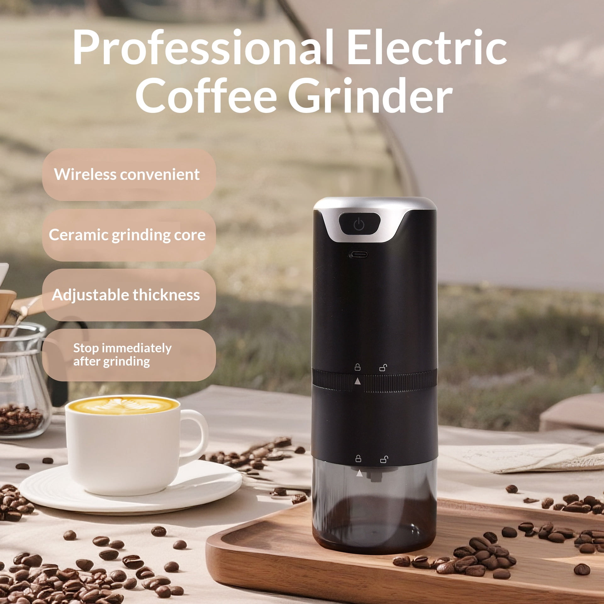 Rechargeable Coffee Grinder - Cordless Coffee Grinder with Ceramic Burrs - Low Noise Battery Powered - Adjustable Grind Settings for Coarse to Fine - Portable for Travel w/USB-C Charging Cord Black