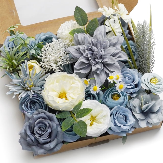Piklado Caja Combinada De Flores Artificiales, Juego De Flores Artificiales, Hojas Sueltas Y Tallos, Ramo De Centro De Boda, Novia, Boda, Baby Shower (Gris Blanco Azul)