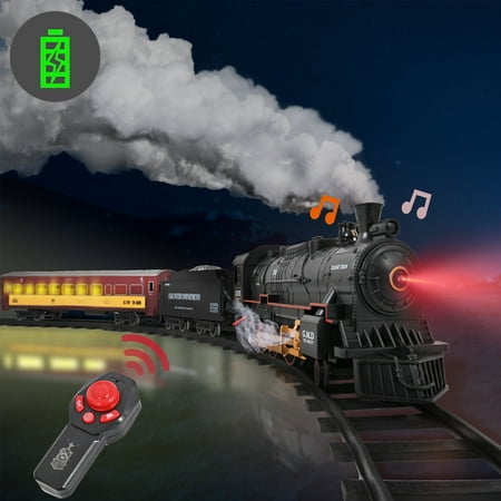 Train Set Toys, RC Train Set W/ Smoke, Lights, Sounds Railway , Rechargeable Electric Train Toy Birthday Gift Toys for Age 3 4 5 6 + Kids