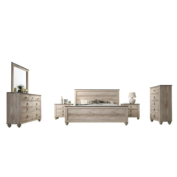 Roundhill Furniture White Wash Finish Bedroom Set, King Bed, Dresser, Mirror, 2 Nightstands, Chest