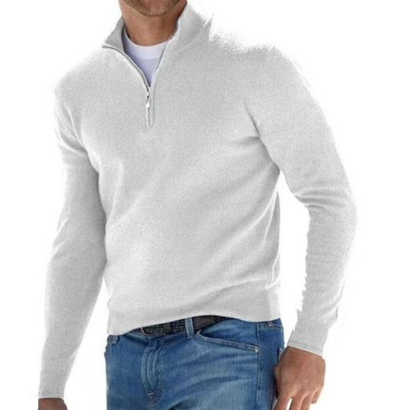 DondPO Mens Shirts Men'S T-Shirts Men's Autumn And Winter Long Sleeved V Neck Fleece Zipper Casual Solid Color Top Long Sleeve Shirts for Men Polo Shirts White XXL