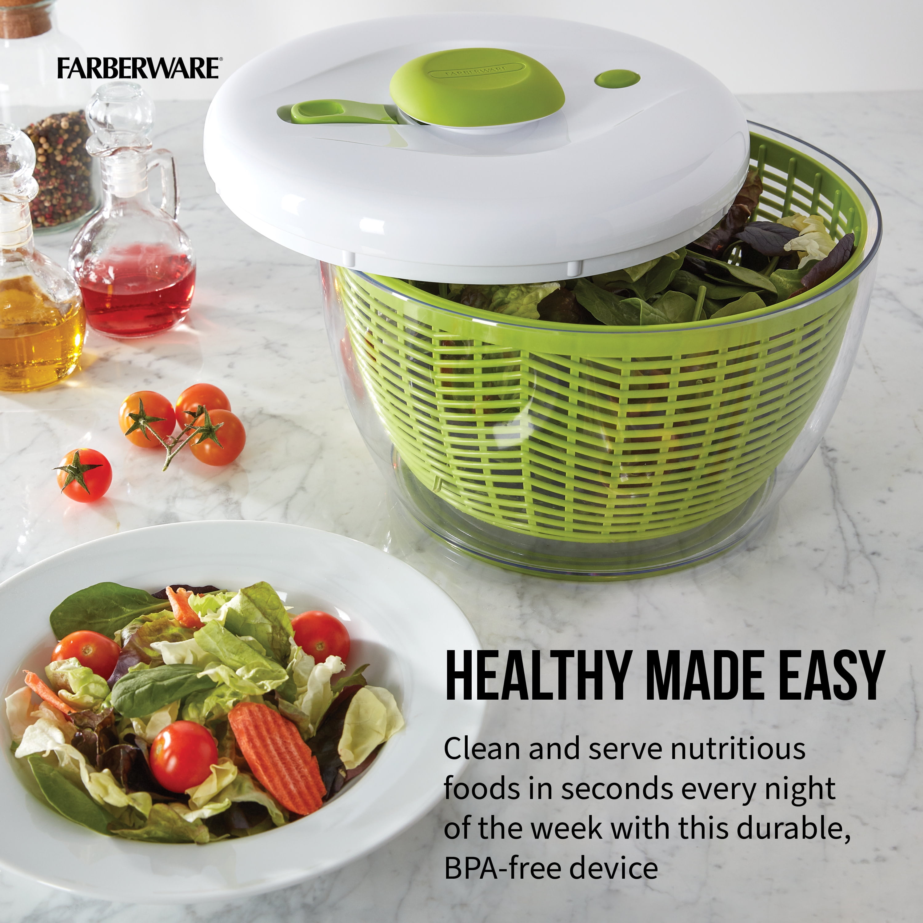 Faberware Pro Salad Spinner Bowl Colander Built In Draining 6.6 Quart