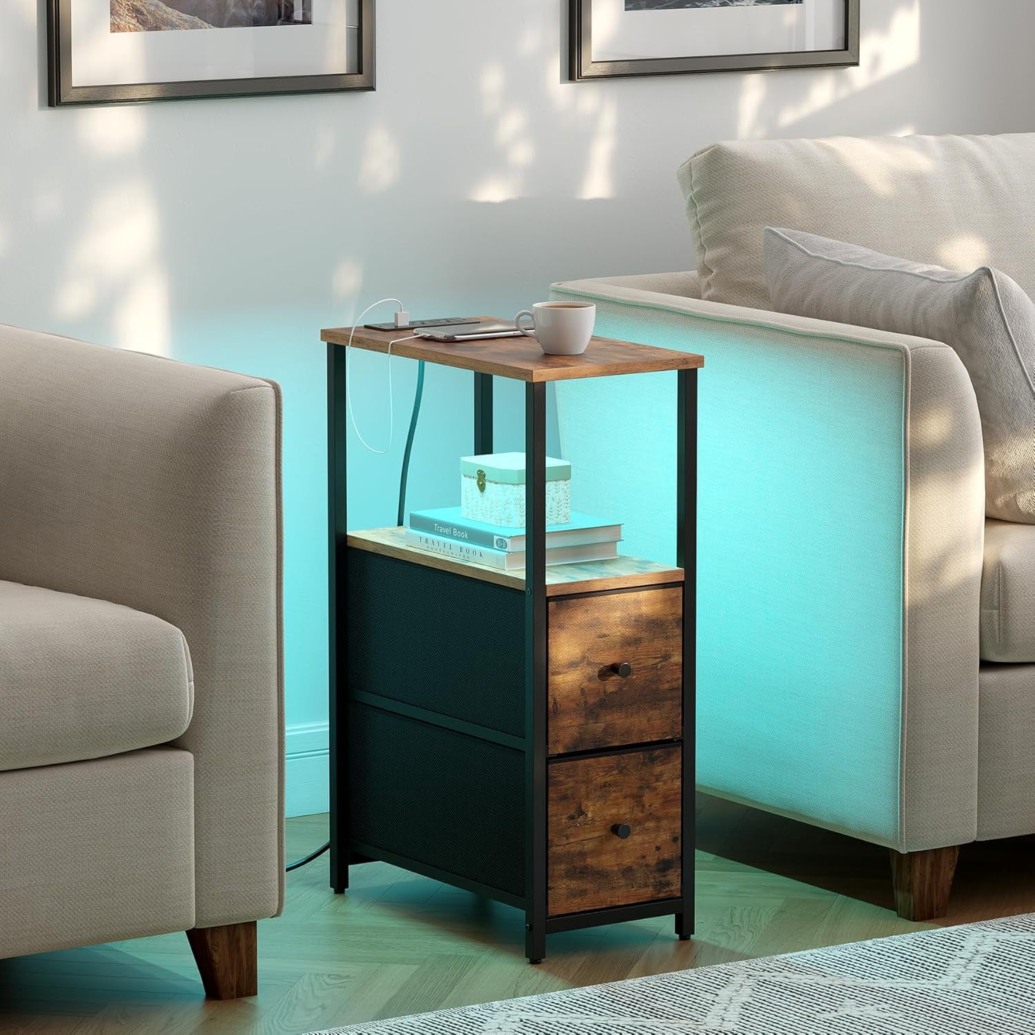 Small Narrow LED End Table with Charging Station, Side Table Outlets, Nightstand with 2 Cloth Drawers, Set of 2, Couch Table, for Living Room, Bedroom, Bedside, Brown TB01BB056