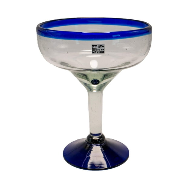 Set of 4 HandBlown Margarita Glasses from Mexico with Cobalt Blue Rim