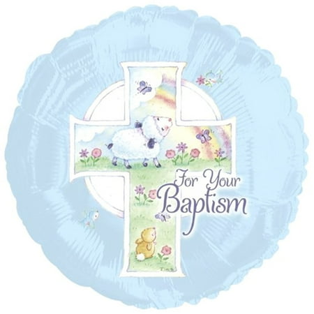 18" Baptism Cross and Sheep " For Your Baptism " Theme Blue Foil Balloon ( 3 Balloons )