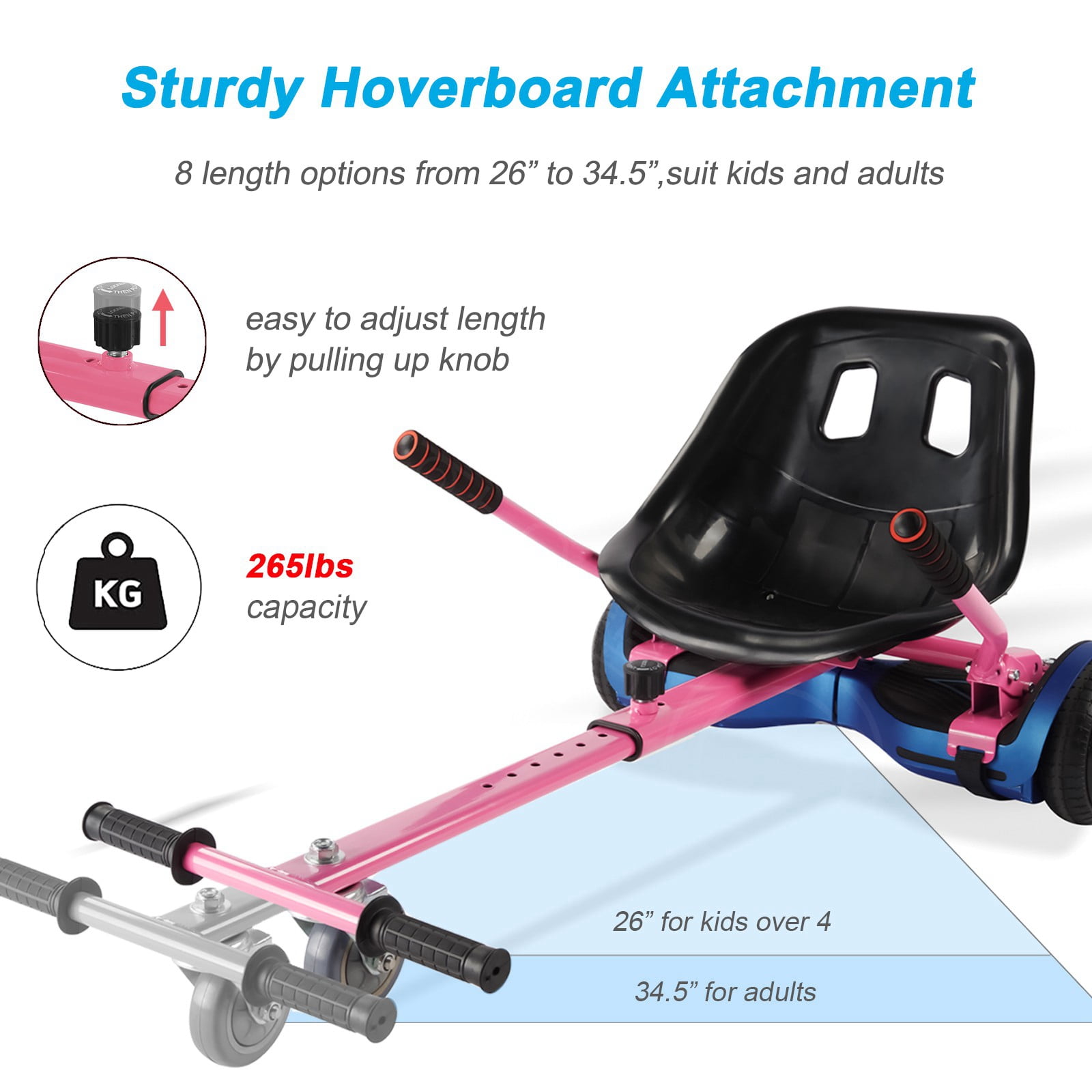 Hoverboard Seat Attachment For Kids 265lbs Capacity Go Kart Attachment Accessory w Adjustable Length 26 34.5 Bigger Sturdier Seat Transform 6.5