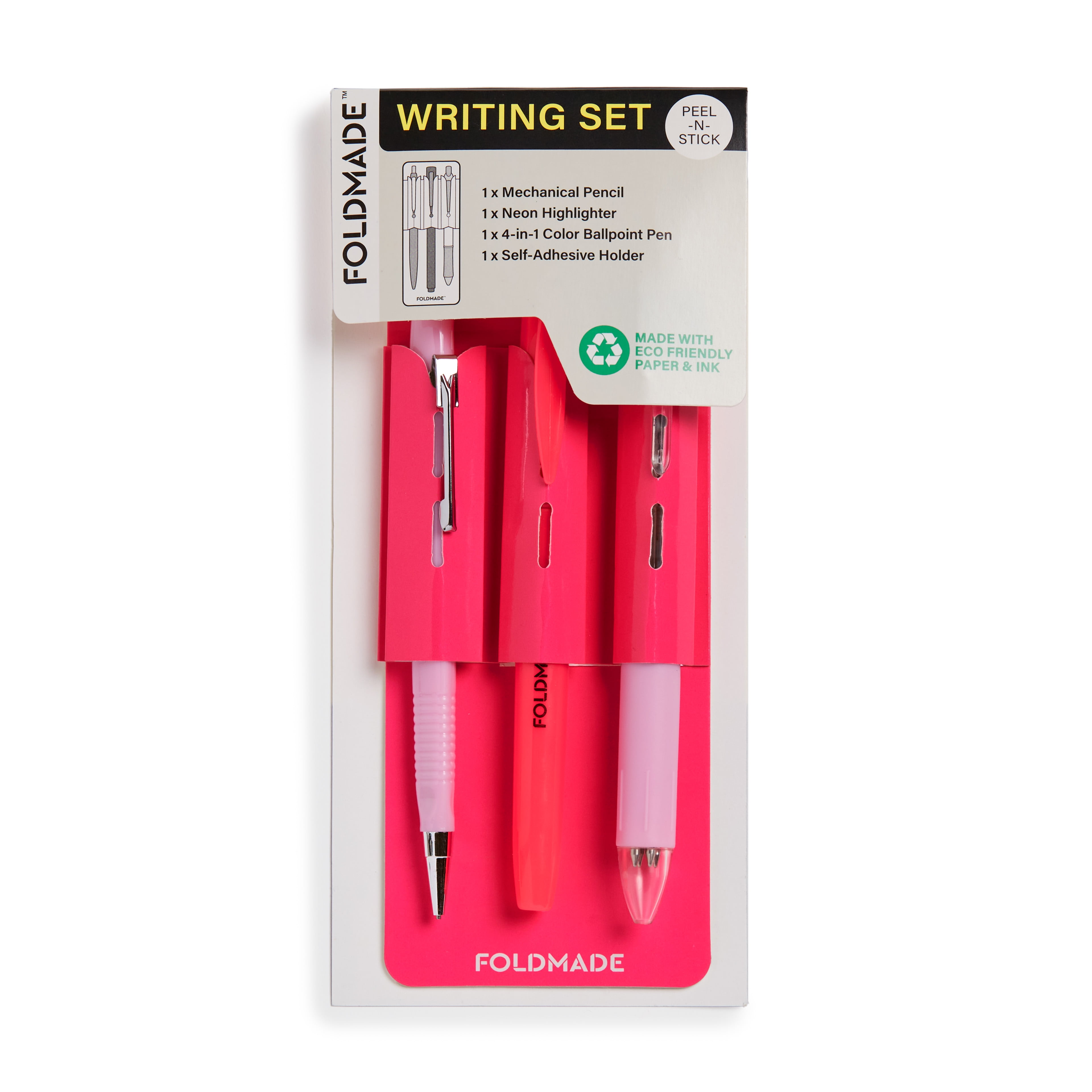 Foldmade Writing Pen Set, PeelNStick, Neon Pink