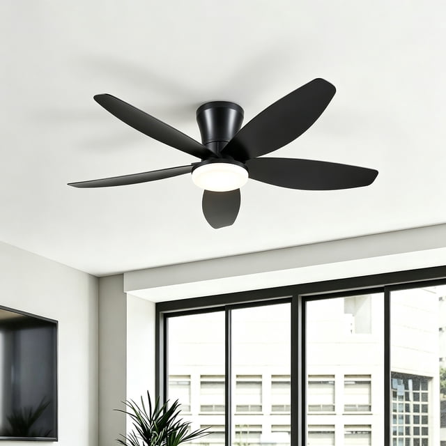PHORUS 48" Flush Mount Ceiling Fan with LED Light, Quiet DC Motor, Remote & App Control, 6-Speed Reversible Indoor Ceiling Fan for Bedroom and Living Room,Black