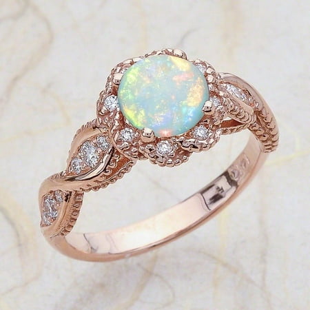 14K Solid Rose Gold Rare Beautiful Fire Opal Diamond Engagement