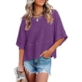 thumbnail image 2 of Oversized Tshirts for Women Non Slit Patched Color Bell Sleeve T Shirt Women's Summer Casual Crewneck Batwing Half Sleeve Tee Loose Basic Purple Summer Tops for Women, 2 of 9