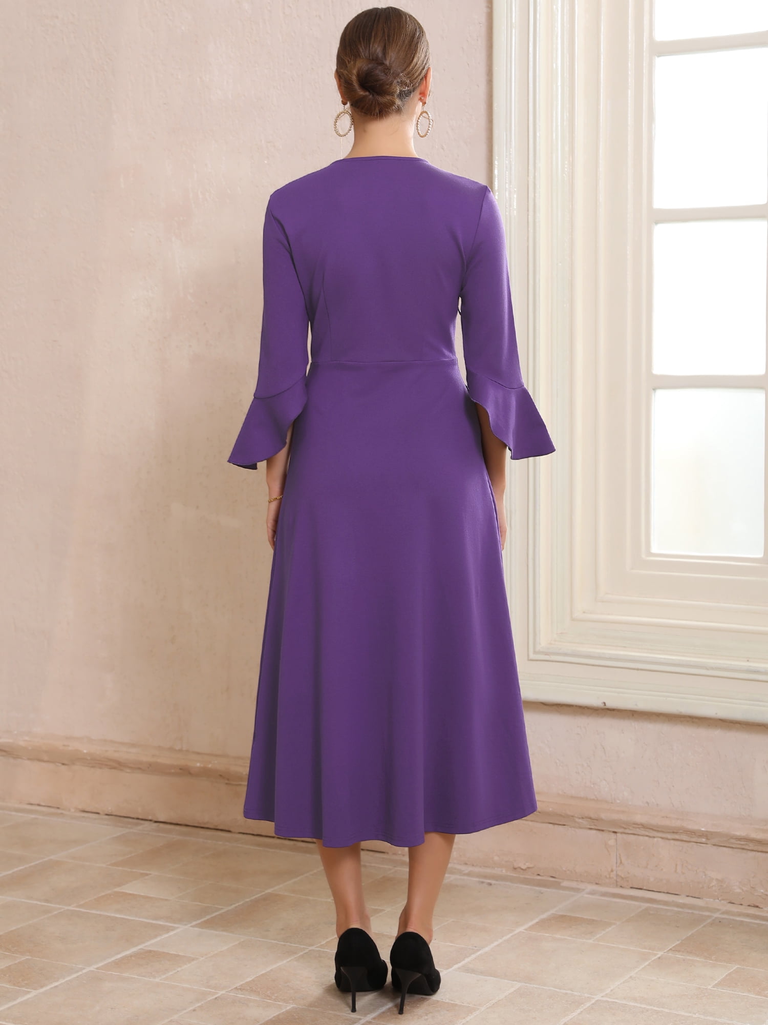 DARING DIVA Women's Zipper Front Bell Sleeves Midi A-Line Dresses 2XL Purple