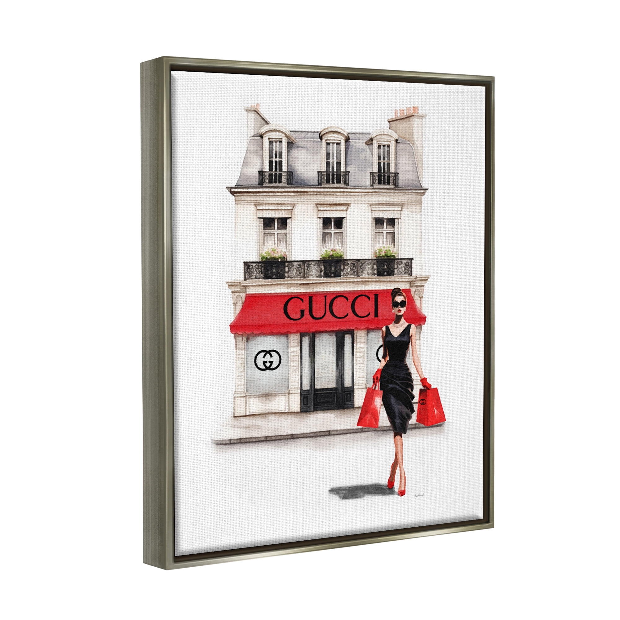 Stupell Industries Trendy Girl Shopping Town & City Painting Gray Floater Framed Canvas Art Print Wall Art, 25 x 31
