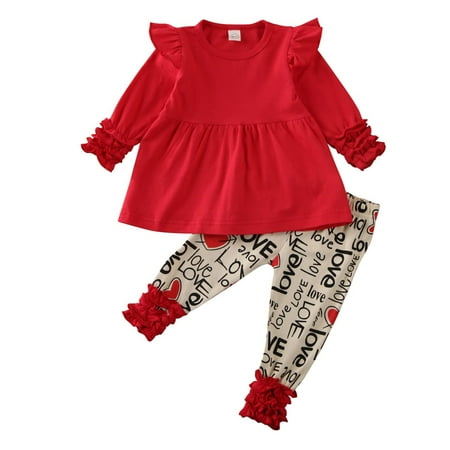 

Kiapeise Toddler Girl Valentines Day Clothes Long Sleeves Ruffle Tunic Dress Top Love Heart Print Pants Trousers Outfit Set