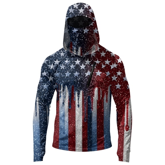 Mens UPF 50  Sun Protection Hoodie Fishing Shirt Long Sleeve SPF US Flag Print Quick Dry Hooded Sun Shirts