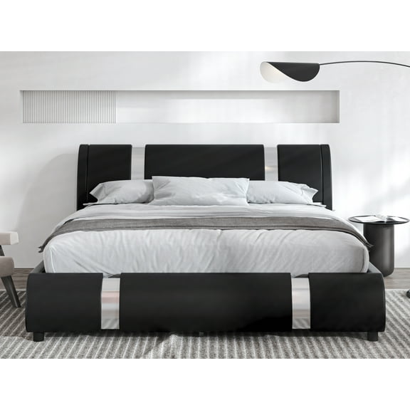 Sha Cerlin Queen Size Platfrom Bed Frame with Iron Pieces Decor and Deluxe Upholstered Modern Adjustable Headboard, Black