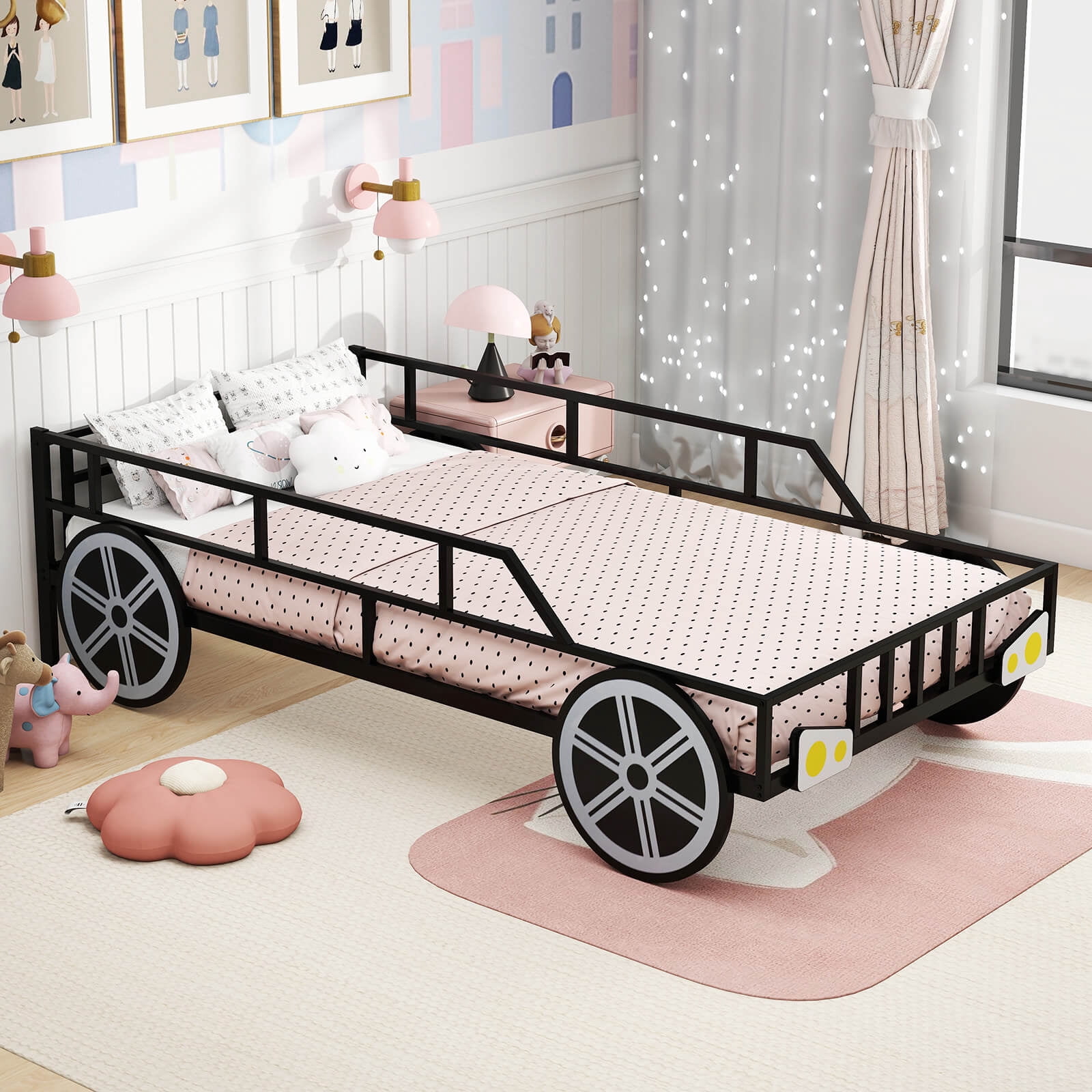 Costway Twin Car-Shaped Metal Bed Frame with Wheels Decorations Safety Guardrails