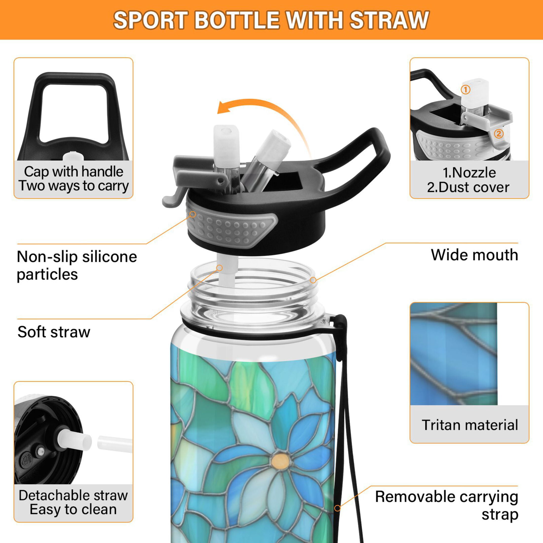 Qxltty Light Blue Green Glass Water Bottle 32 oz with Straw BPA Free Reusable Fitness Sport Bottle Perfect for Travel School Outdoors and Gym